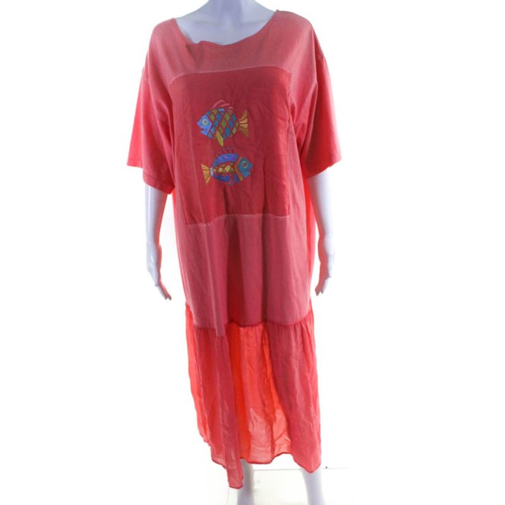 Johnny Was Womens Cotton Fish Embroidered Short Sleeve Shirt Dress Pink Size 1X
